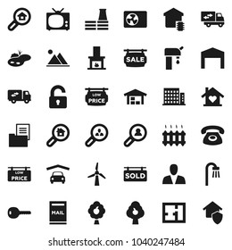 Flat vector icon set - pond vector, mailbox, windmill, water supply, fruit tree, mountain, garage, barn, plan, estate document, sale signboard, sold, low price, apartments, search, client, consumer