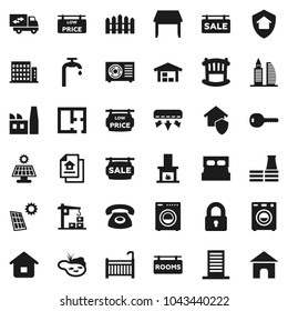 Flat vector icon set - pond vector, solar panel, water supply, barn, fence, plan, estate document, sale signboard, rooms, low price, apartments, office building, key, lock, crib, table, washer