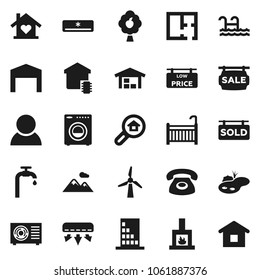 Flat vector icon set - pond vector, pool, windmill, water supply, fruit tree, mountain, barn, plan, sale signboard, sold, low price, search estate, consumer, crib, washer, love home, fireplace