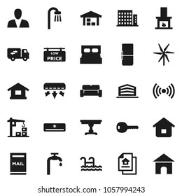 Flat vector icon set - pool vector, mailbox, windmill, water supply, barn, estate document, low price signboard, apartments, office building, consumer, key, table, bath, cushioned furniture, fridge