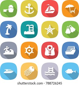 flat vector icon set - port vector, anchor, sail boat, lounger, palm, pool, starfish, flippers, surfer, handwheel, life vest, cruise ship, yacht, jellyfish, fish