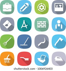 flat vector icon set - portfolio vector, pencil, around gear, tools, under construction, draw compass, brick wall, workman, fork, rake, sickle, axe, vacuum cleaner, brush, floor washing, iron