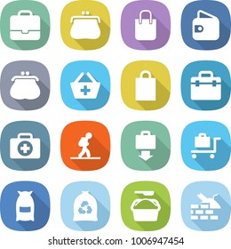 flat vector icon set - portfolio vector, purse, shopping bag, wallet, add to basket, doctor, case, tourist, baggage get, trolley, flour, garbage, washing powder, construct