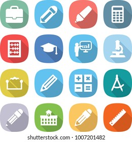 flat vector icon set - portfolio vector, pencil, marker, calculator, abacus, graduate hat, presentation, microscope, electrostatic, draw compass, university, ruler