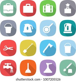 flat vector icon set - portfolio vector, suitcase, baggage, bucket, kettle, pan, scissors, shovel, axe, water tap, plunger, toilet brush