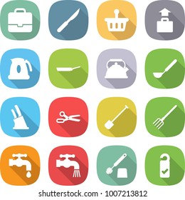 flat vector icon set - portfolio vector, scalpel, basket, baggage, kettle, pan, ladle, knife holder, scissors, shovel, fork, water tap, toilet brush, please clean