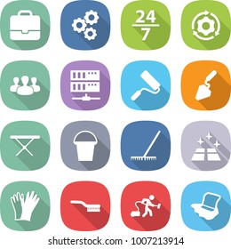 flat vector icon set - portfolio vector, gear, 24 7, around, group, server, repair, construction, iron board, bucket, rake, clean floor, gloves, brush, vacuum cleaner, washing