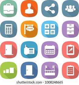 flat vector icon set - portfolio vector, man, share, group, calculator, store signboard, archive, door, phone, calendar, clipboard pen, sorting, skysrcapers cleaning, list