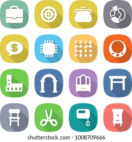 flat vector icon set - portfolio vector, target, purse, circle diagram, money message, chip, necklace, mansion, arch, dresser, stool, chair, scissors, mixer, hive