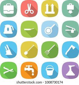 flat vector icon set - portfolio vector, scissors, cargo top sign, baggage get, kettle, pan, garlic clasp, knife holder, shovel, fork, axe, pruner, water tap, bucket, plunger