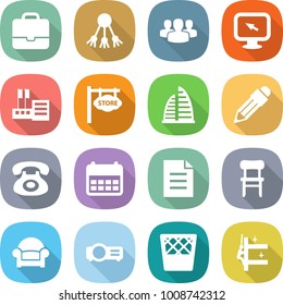 flat vector icon set - portfolio vector, share, group, monitor arrow, store, signboard, skyscraper, pencil, phone, calendar, document, chair, armchair, projector, trash bin, skyscrapers cleaning