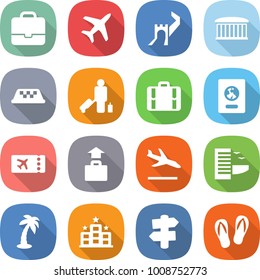 flat vector icon set - portfolio vector, plane, greate wall, airport building, taxi, passenger, suitcase, passport, ticket, baggage, arrival, hotel, palm, signpost, flip flops