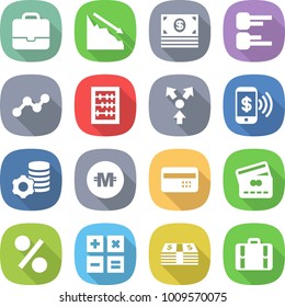 flat vector icon set - portfolio vector, crisis, money, diagram, graph, abacus, core splitting, phone pay, virtual mining, crypto currency, credit card, percent, calculator, suitcase