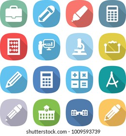 flat vector icon set - portfolio vector, pencil, marker, calculator, abacus, presentation, microscope, electrostatic, draw compass, university, school