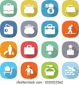 flat vector icon set - portfolio vector, purse, money gift, shopping bag, wallet, doctor, tourist, passenger, suitcase, baggage get, trolley, trash, washing powder, construct garbage