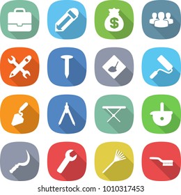 flat vector icon set - portfolio vector, pencil, money bag, group, wrench, nail, under construction, repair, drawing compasses, iron board, ladle, sickle, rake, brush