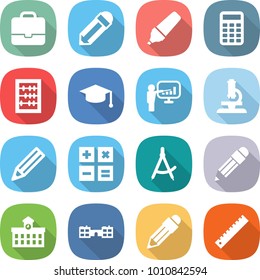 flat vector icon set - portfolio vector, pencil, marker, calculator, abacus, graduate hat, presentation, microscope, draw compass, university, school, ruler