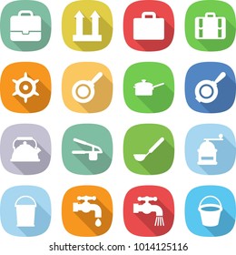 flat vector icon set - portfolio vector, cargo top sign, suitcase, handwheel, pan, saute, kettle, garlic clasp, ladle, hand mill, bucket, water tap