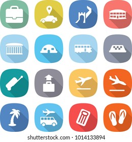 flat vector icon set - portfolio vector, car pointer, greate wall, airport building, dome house, bus, taxi, suitcase, baggage, departure, arrival, palm, transfer, inflatable mattress, flip flops