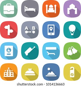 flat vector icon set - portfolio vector, hospital bed, minaret, signpost, route a to b, mobile location, air ballon, passport, suitcase, lounger, flippers, hotel, service bell, landscape