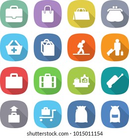 flat vector icon set - portfolio vector, shopping bag, purse, add to basket, tourist, passenger, suitcase, baggage checking, trolley, flour