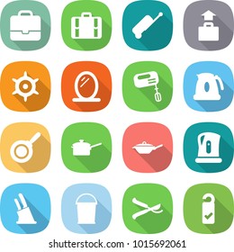 flat vector icon set - portfolio vector, suitcase, baggage, handwheel, mirror, mixer, kettle, pan, saute, knife holder, bucket, pruner, please clean