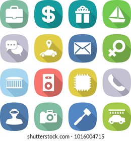 flat vector icon set - portfolio vector, dollar, gift, boat, discussion, car pointer, mail, female sign, airport building, speaker, cpu, phone, vr helmet, camera, meat hammer, wash