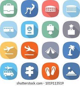 flat vector icon set - portfolio vector, greate wall, airport building, bus, passport, baggage get, departure, arrival, tent, palm, transfer, signpost, flip flops, landscape