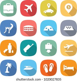 flat vector icon set - portfolio vector, plane, car pointer, dollar pin, greate wall, airport building, dome house, taxi, passenger, suitcase, baggage get, departure, palm, yacht, flip flops, bed