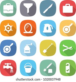 flat vector icon set - portfolio vector, funnel, scalpel, suitcase, handwheel, mirror, kettle, pan, hand mill, shovel, pruner, water tap, bucket, toilet brush, please clean