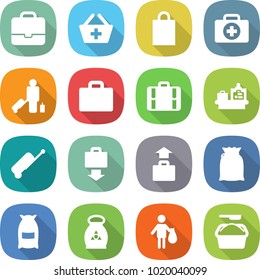 flat vector icon set - portfolio vector, add to basket, shopping bag, doctor case, passenger, suitcase, baggage checking, get, flour, fertilizer, trash, washing powder