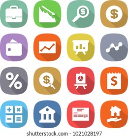 flat vector icon set - portfolio vector, crisis, dollar magnifier, wallet, statistics, presentation, graph, percent, arrow, receipt, calculator, library, invoice, housing