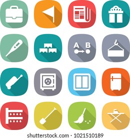 flat vector icon set - portfolio vector, flag, newspaper, gift, medical thermometer, block wall, route a to b, loading crane, suitcase, safe, power switch, fridge, watering, shovel, broom
