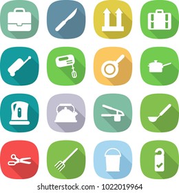 flat vector icon set - portfolio vector, scalpel, cargo top sign, suitcase, mixer, pan, saute, kettle, garlic clasp, ladle, scissors, fork, bucket, please clean