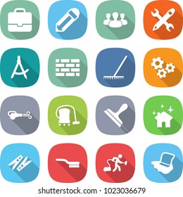 flat vector icon set - portfolio vector, pencil, group, wrench, draw compass, brick wall, rake, gears, blower, vacuum cleaner, scraper, house cleaning, clothespin, brush, floor washing