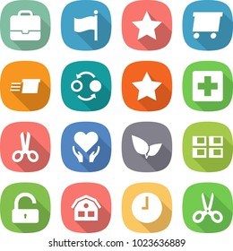 flat vector icon set - portfolio vector, flag, star, delivery, quantum bond, medical cross, scissors, health care, leafs, panel house, unlock, clock