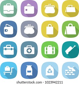 flat vector icon set - portfolio vector, wallet, purse, shopping bag, doctor, case, suitcase, baggage trolley, flour, garbage, construct