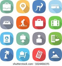 flat vector icon set - portfolio vector, dollar pin, greate wall, bus, taxi, tourist, suitcase, passport, baggage get, hotel, palm, trolley, inflatable mattress, landscape