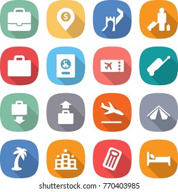 flat vector icon set - portfolio vector, dollar pin, greate wall, passenger, suitcase, passport, ticket, baggage get, arrival, tent, palm, hotel, inflatable mattress, bed