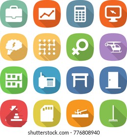 flat vector icon set - portfolio vector, statistics, calculator, monitor arrow, brain, chip, female sign, ambulance helicopter, modular house, phone, stool, door, press, sd card, soil cutter, rake