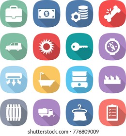flat vector icon set - portfolio vector, money, virtual mining, broken bone, car shipping, sun, key, compass, air conditioning, bath, double boiler, seedling, barrel, sweeper, hanger, clipboard list