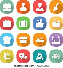 flat vector icon set - portfolio vector, man, woman, construction, suitcase, inspector, reception, cook hat, chief, soil cutter, skysrcapers cleaning, skyscrapers, home call, cleaner, outsource