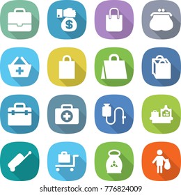 flat vector icon set - portfolio vector, money gift, shopping bag, purse, add to basket, doctor, case, dropper, baggage checking, suitcase, trolley, fertilizer, trash
