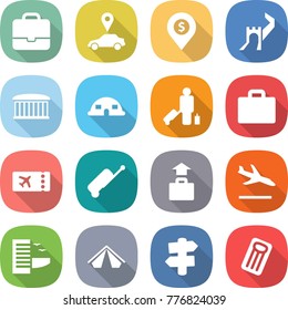 flat vector icon set - portfolio vector, car pointer, dollar pin, greate wall, airport building, dome house, passenger, suitcase, ticket, baggage, arrival, hotel, tent, signpost, inflatable mattress