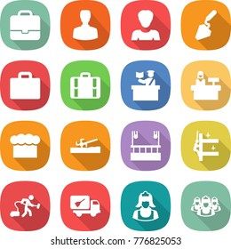 flat vector icon set - portfolio vector, man, woman, construction, suitcase, inspector, reception, chief hat, soil cutter, skysrcapers cleaning, skyscrapers, vacuum cleaner, home call, outsource