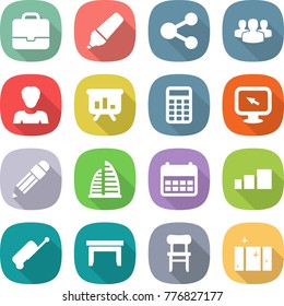 flat vector icon set - portfolio vector, marker, share, group, woman, presentation, calculator, monitor arrow, pencil, skyscraper, calendar, sorting, suitcase, table, chair, clean window