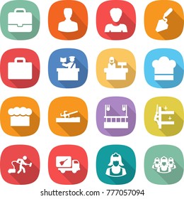 flat vector icon set - portfolio vector, man, woman, construction, suitcase, inspector, reception, cook hat, chief, soil cutter, skysrcapers cleaning, skyscrapers, vacuum cleaner, home call