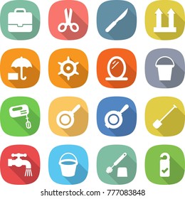flat vector icon set - portfolio vector, scissors, scalpel, cargo top sign, insurance, handwheel, mirror, bucket, mixer, pan, shovel, water tap, toilet brush, please clean