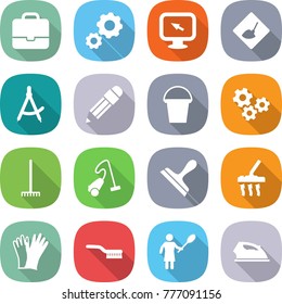 flat vector icon set - portfolio vector, gear, monitor arrow, under construction, draw compass, pencil, bucket, gears, rake, vacuum cleaner, scraper, gloves, brush, woman with duster, iron