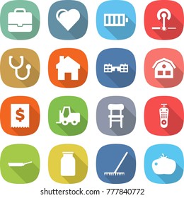 flat vector icon set - portfolio vector, heart, battery, laser, stethoscope, home, school, house, tax, fork loader, chair, remote control, pan, bank, rake, tomato